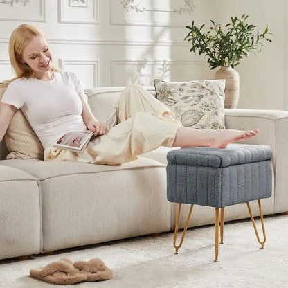 Vanity Stool Chair with Storage, Ottoman Faux Fur Soft Padded Makeup Footstools Seat with 4 Metal Legs Anti-Slip Adjustable Feet