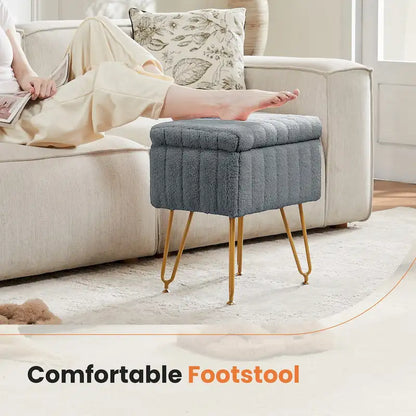 Vanity Stool Chair with Storage, Ottoman Faux Fur Soft Padded Makeup Footstools Seat with 4 Metal Legs Anti-Slip Adjustable Feet