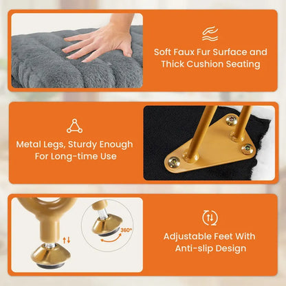 Vanity Stool Chair with Storage, Ottoman Faux Fur Soft Padded Makeup Footstools Seat with 4 Metal Legs Anti-Slip Adjustable Feet