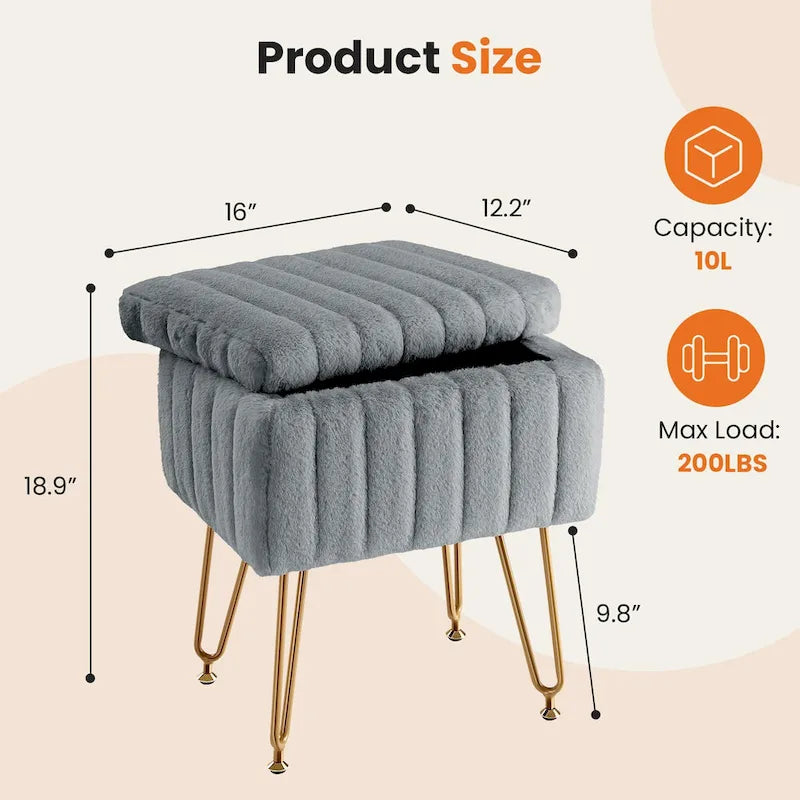 Vanity Stool Chair with Storage, Ottoman Faux Fur Soft Padded Makeup Footstools Seat with 4 Metal Legs Anti-Slip Adjustable Feet