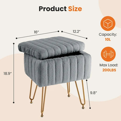 Vanity Stool Chair with Storage, Ottoman Faux Fur Soft Padded Makeup Footstools Seat with 4 Metal Legs Anti-Slip Adjustable Feet