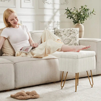 Vanity Stool Chair with Storage, Ottoman Faux Fur Soft Padded Makeup Footstools Seat with 4 Metal Legs Anti-Slip Adjustable Feet