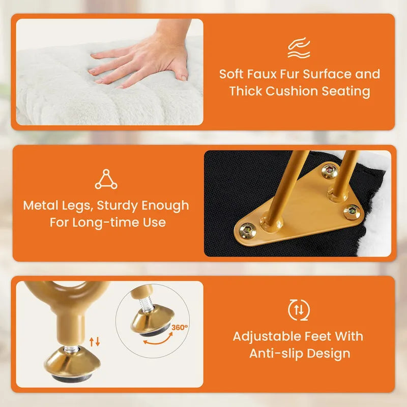 Vanity Stool Chair with Storage, Ottoman Faux Fur Soft Padded Makeup Footstools Seat with 4 Metal Legs Anti-Slip Adjustable Feet