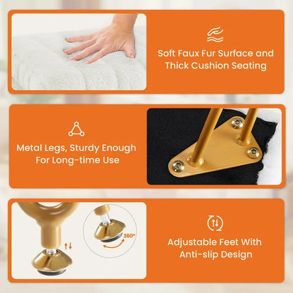 Vanity Stool Chair with Storage, Ottoman Faux Fur Soft Padded Makeup Footstools Seat with 4 Metal Legs Anti-Slip Adjustable Feet