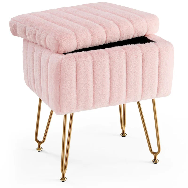 Vanity Stool Chair with Storage, Ottoman Faux Fur Soft Padded Makeup Footstools Seat with 4 Metal Legs Anti-Slip Adjustable Feet