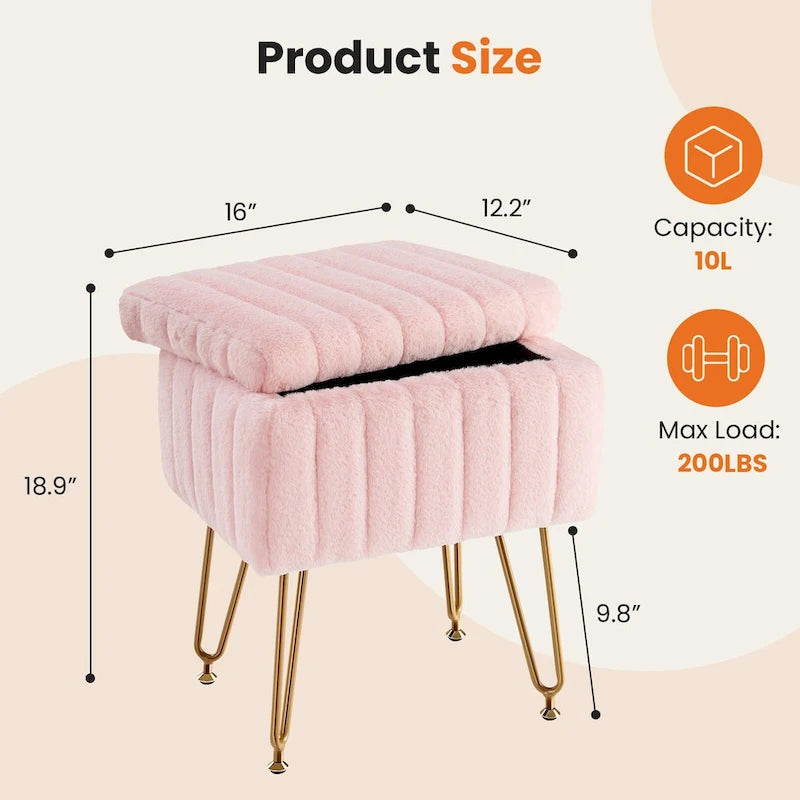 Vanity Stool Chair with Storage, Ottoman Faux Fur Soft Padded Makeup Footstools Seat with 4 Metal Legs Anti-Slip Adjustable Feet