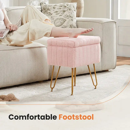Vanity Stool Chair with Storage, Ottoman Faux Fur Soft Padded Makeup Footstools Seat with 4 Metal Legs Anti-Slip Adjustable Feet