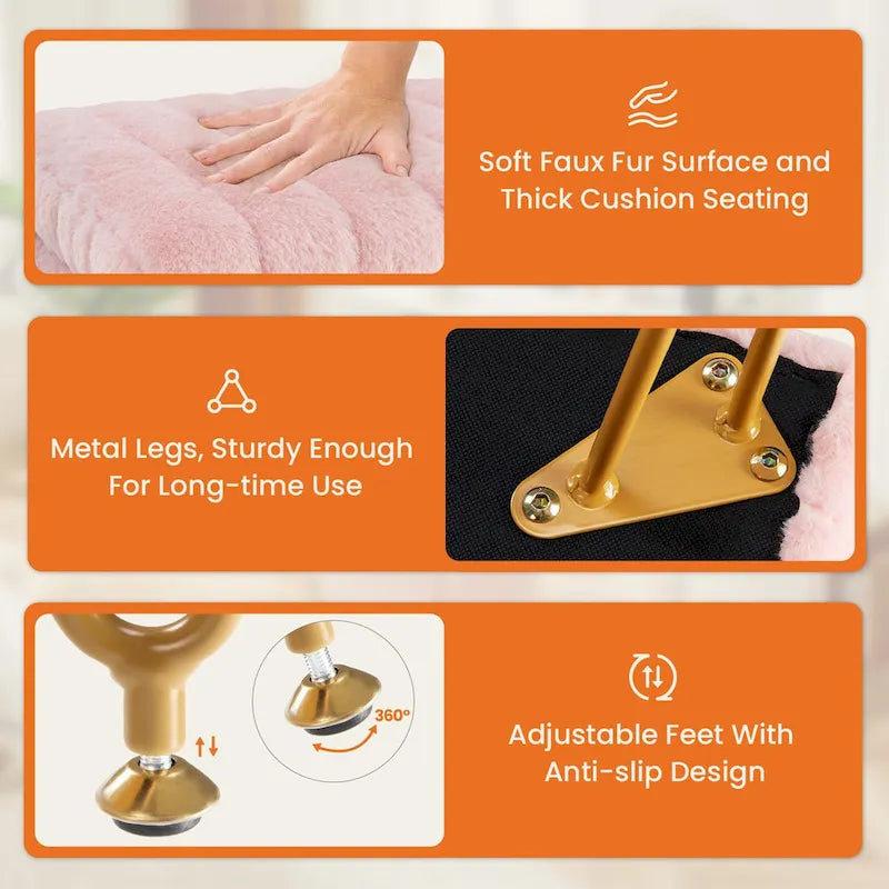 Vanity Stool Chair with Storage, Ottoman Faux Fur Soft Padded Makeup Footstools Seat with 4 Metal Legs Anti-Slip Adjustable Feet