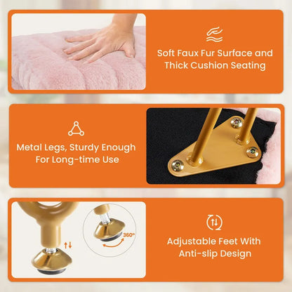 Vanity Stool Chair with Storage, Ottoman Faux Fur Soft Padded Makeup Footstools Seat with 4 Metal Legs Anti-Slip Adjustable Feet