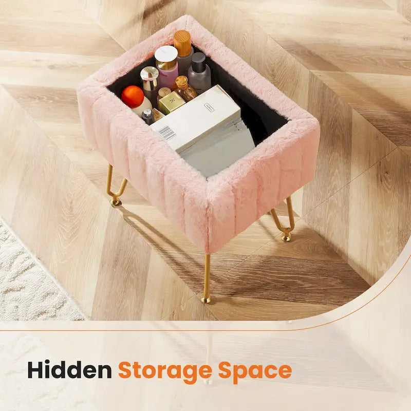 Vanity Stool Chair with Storage, Ottoman Faux Fur Soft Padded Makeup Footstools Seat with 4 Metal Legs Anti-Slip Adjustable Feet