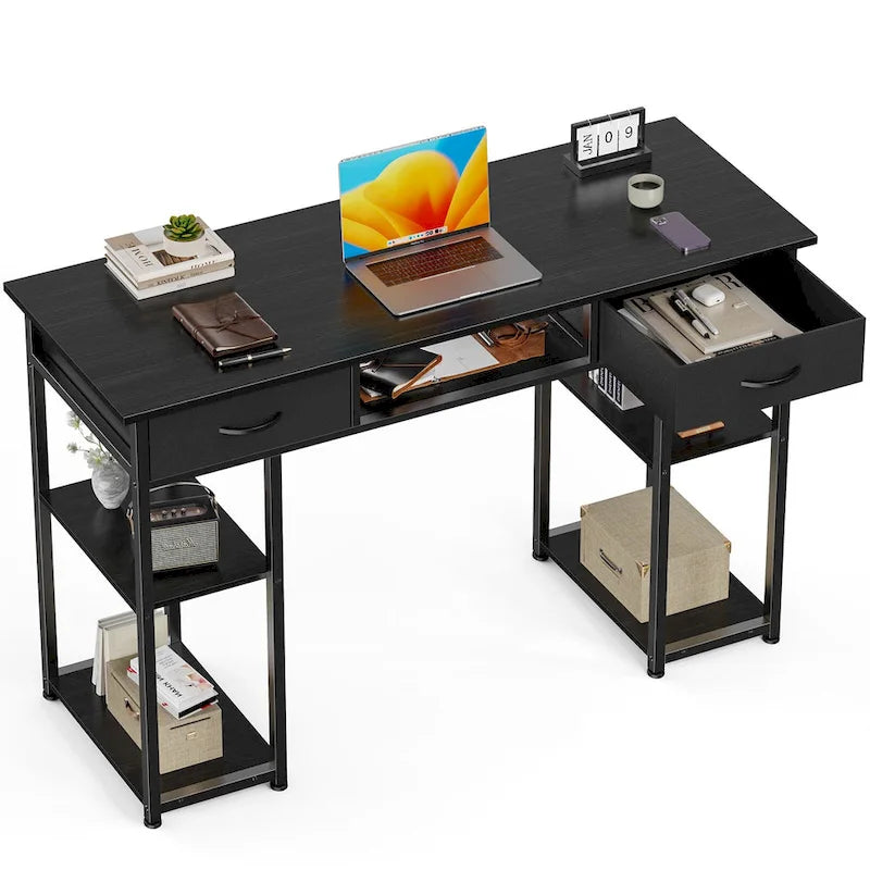 Modern Computer Office Table Desk with Built in Storage shelf and 2 Drawers for Home Office or Study Room