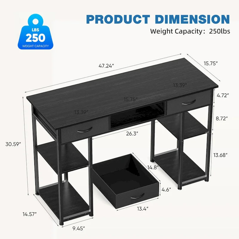 Modern Computer Office Table Desk with Built in Storage shelf and 2 Drawers for Home Office or Study Room