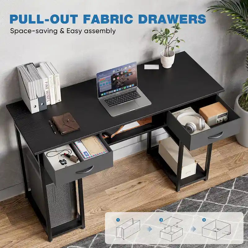 Modern Computer Office Table Desk with Built in Storage shelf and 2 Drawers for Home Office or Study Room