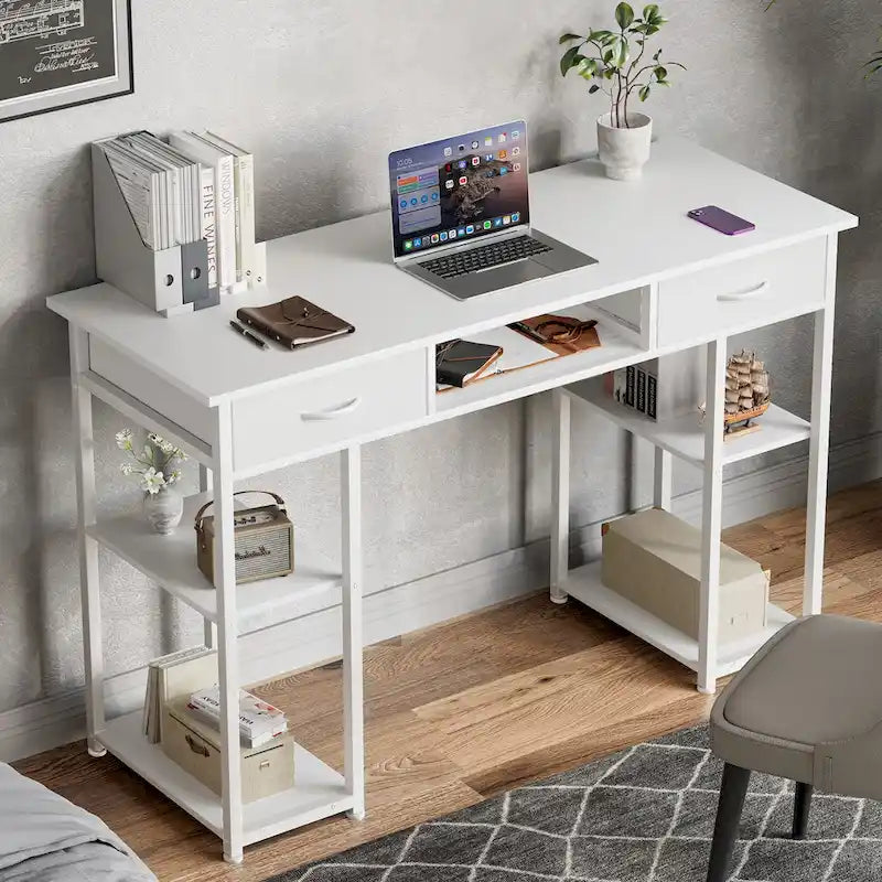 Modern Computer Office Table Desk with Built in Storage shelf and 2 Drawers for Home Office or Study Room