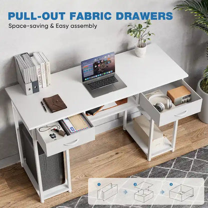 Modern Computer Office Table Desk with Built in Storage shelf and 2 Drawers for Home Office or Study Room
