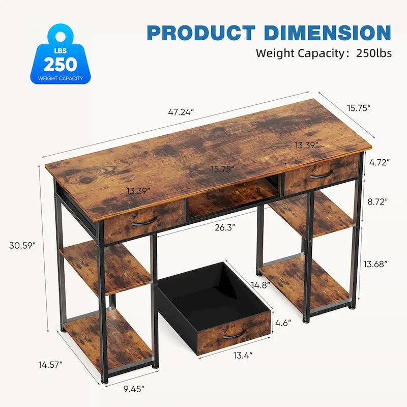Modern Computer Office Table Desk with Built in Storage shelf and 2 Drawers for Home Office or Study Room