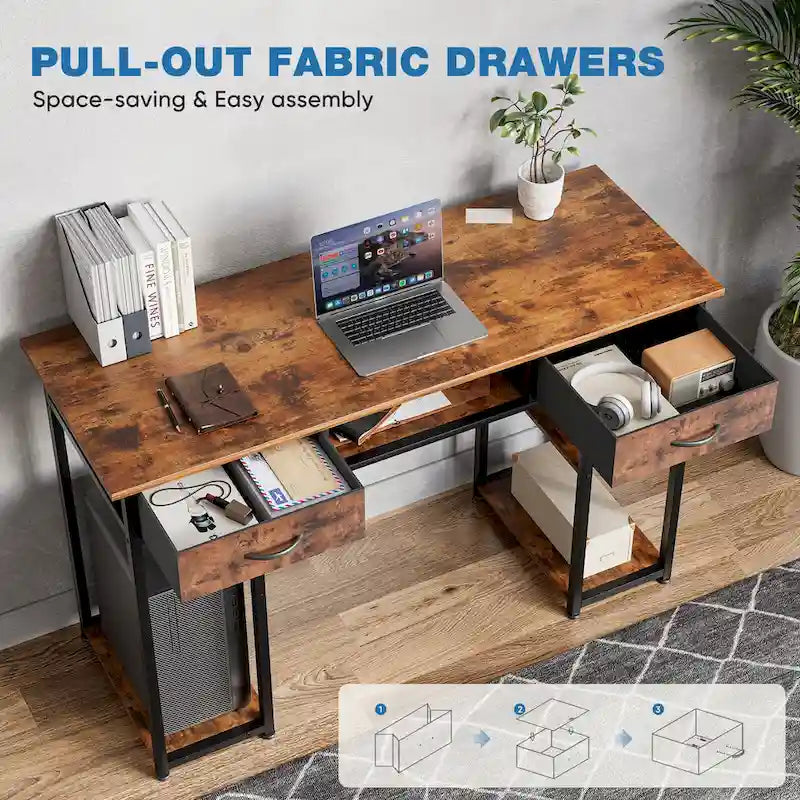 Modern Computer Office Table Desk with Built in Storage shelf and 2 Drawers for Home Office or Study Room