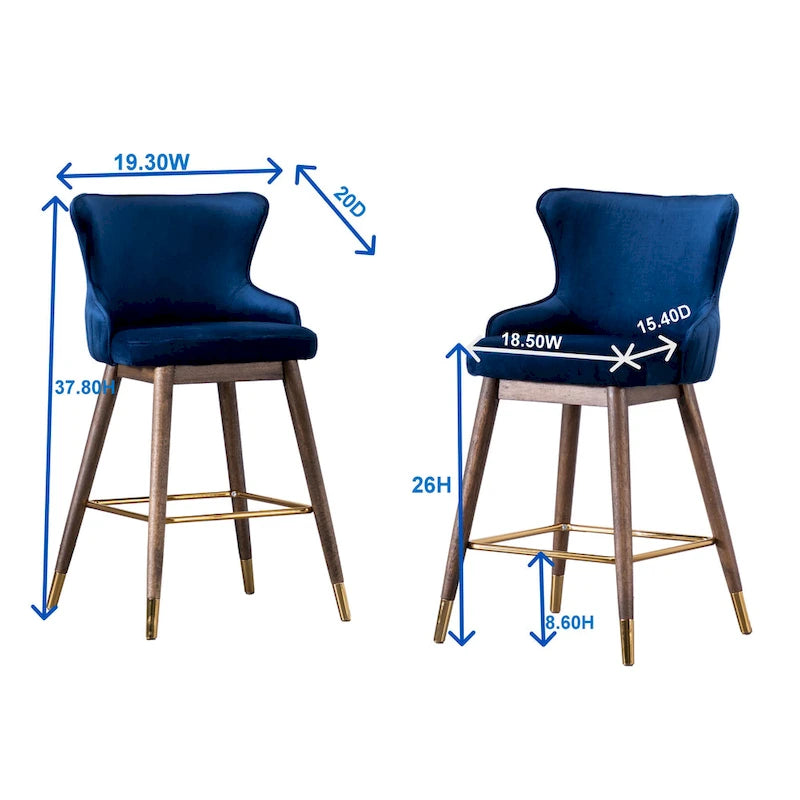 Modern Set of 2 Fabric Bar Stools with Foam-Padded Backrest Seat, Solid Wood Legs, for Kitchen Island Dining Room Living Room