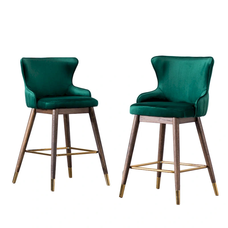 Modern Set of 2 Fabric Bar Stools with Foam-Padded Backrest Seat, Solid Wood Legs, for Kitchen Island Dining Room Living Room