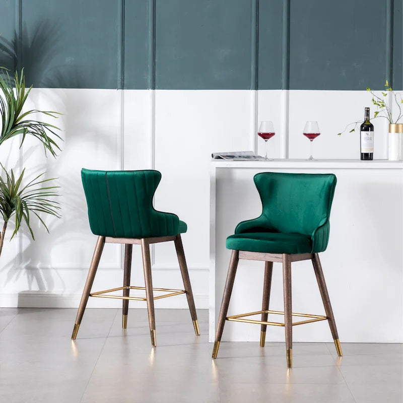 Modern Set of 2 Fabric Bar Stools with Foam-Padded Backrest Seat, Solid Wood Legs, for Kitchen Island Dining Room Living Room