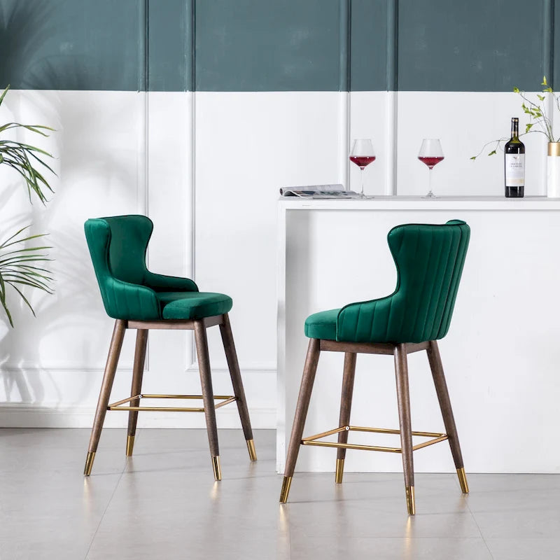 Modern Set of 2 Fabric Bar Stools with Foam-Padded Backrest Seat, Solid Wood Legs, for Kitchen Island Dining Room Living Room