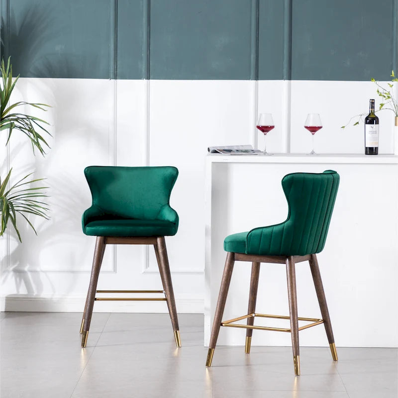 Modern Set of 2 Fabric Bar Stools with Foam-Padded Backrest Seat, Solid Wood Legs, for Kitchen Island Dining Room Living Room