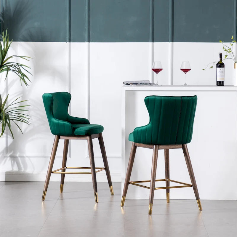 Modern Set of 2 Fabric Bar Stools with Foam-Padded Backrest Seat, Solid Wood Legs, for Kitchen Island Dining Room Living Room