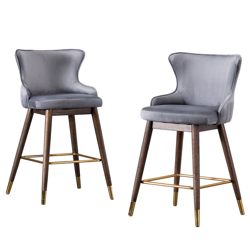 Modern Set of 2 Fabric Bar Stools with Foam-Padded Backrest Seat, Solid Wood Legs, for Kitchen Island Dining Room Living Room