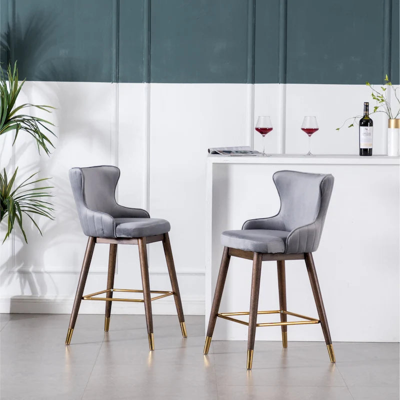 Modern Set of 2 Fabric Bar Stools with Foam-Padded Backrest Seat, Solid Wood Legs, for Kitchen Island Dining Room Living Room