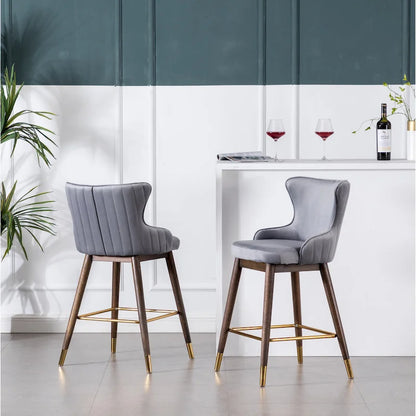 Modern Set of 2 Fabric Bar Stools with Foam-Padded Backrest Seat, Solid Wood Legs, for Kitchen Island Dining Room Living Room