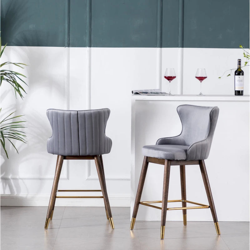 Modern Set of 2 Fabric Bar Stools with Foam-Padded Backrest Seat, Solid Wood Legs, for Kitchen Island Dining Room Living Room