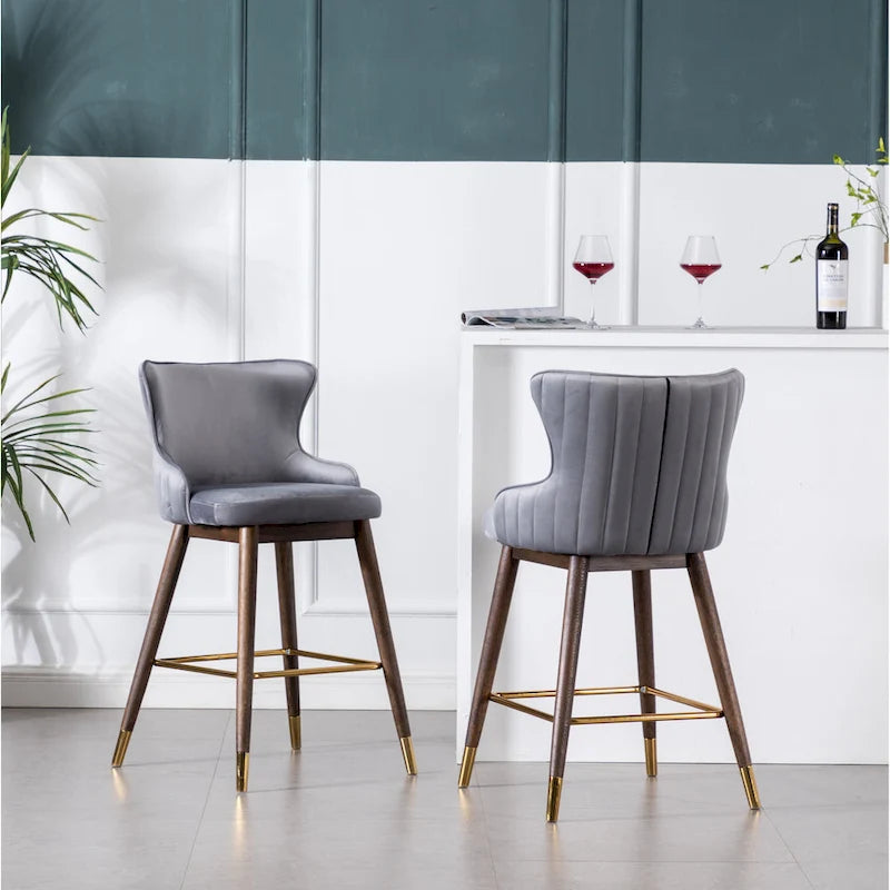 Modern Set of 2 Fabric Bar Stools with Foam-Padded Backrest Seat, Solid Wood Legs, for Kitchen Island Dining Room Living Room