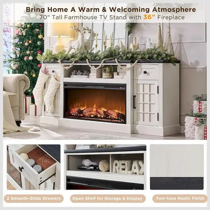 Farmhouse TV Stand with Fireplace for 80 TV, 70 Entertainment Center