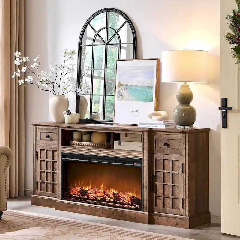 Farmhouse TV Stand with Fireplace for 80 TV, 70 Entertainment Center