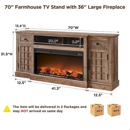 Farmhouse TV Stand with Fireplace for 80 TV, 70 Entertainment Center
