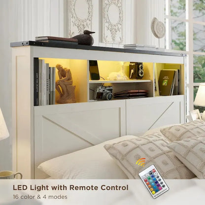 Farmhouse Queen Size Wood Bed Frame with Storage Headboard and Drawers