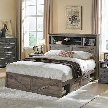 Farmhouse Queen Size Wood Bed Frame with Storage Headboard and Drawers