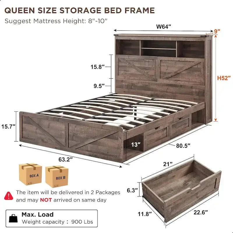 Farmhouse Queen Size Wood Bed Frame with Storage Headboard and Drawers