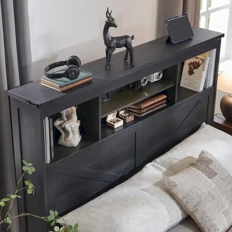 Farmhouse Queen Size Wood Bed Frame with Storage Headboard and Drawers