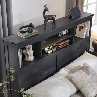 Farmhouse Queen Size Wood Bed Frame with Storage Headboard and Drawers