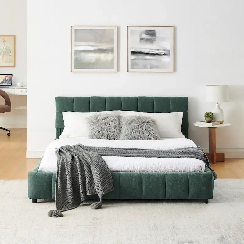 Queen Platform Bed with Chenille Fabric, Soft Headboard & Built-In Drawers
