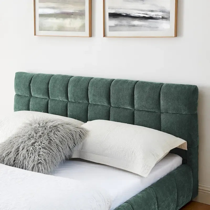 Queen Platform Bed with Chenille Fabric, Soft Headboard & Built-In Drawers