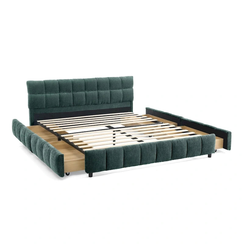 Queen Platform Bed with Chenille Fabric, Soft Headboard & Built-In Drawers