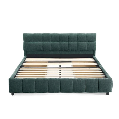 Queen Platform Bed with Chenille Fabric, Soft Headboard & Built-In Drawers