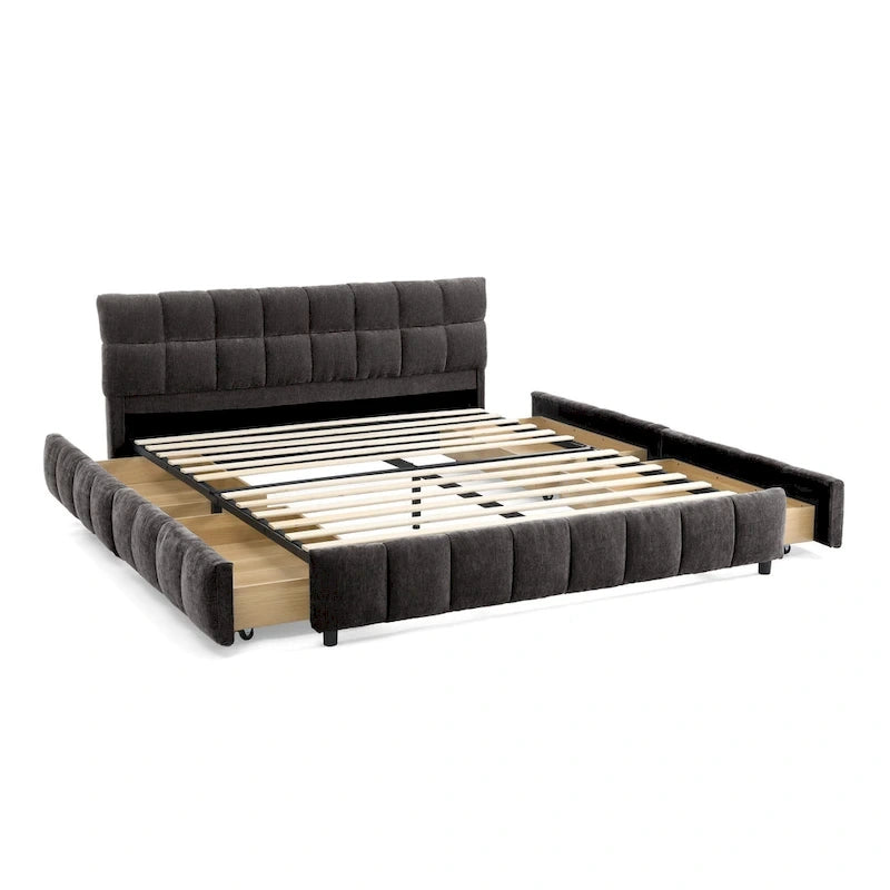Queen Platform Bed with Chenille Fabric, Soft Headboard & Built-In Drawers