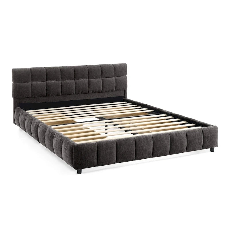Queen Platform Bed with Chenille Fabric, Soft Headboard & Built-In Drawers
