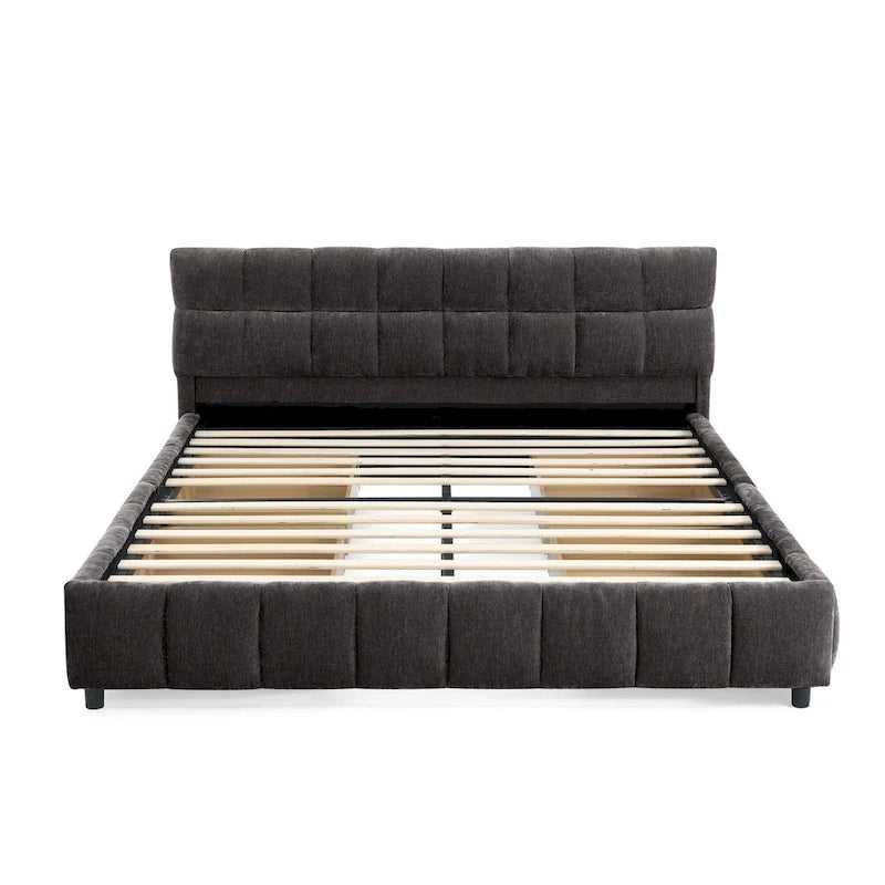Queen Platform Bed with Chenille Fabric, Soft Headboard & Built-In Drawers
