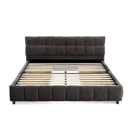Queen Platform Bed with Chenille Fabric, Soft Headboard & Built-In Drawers
