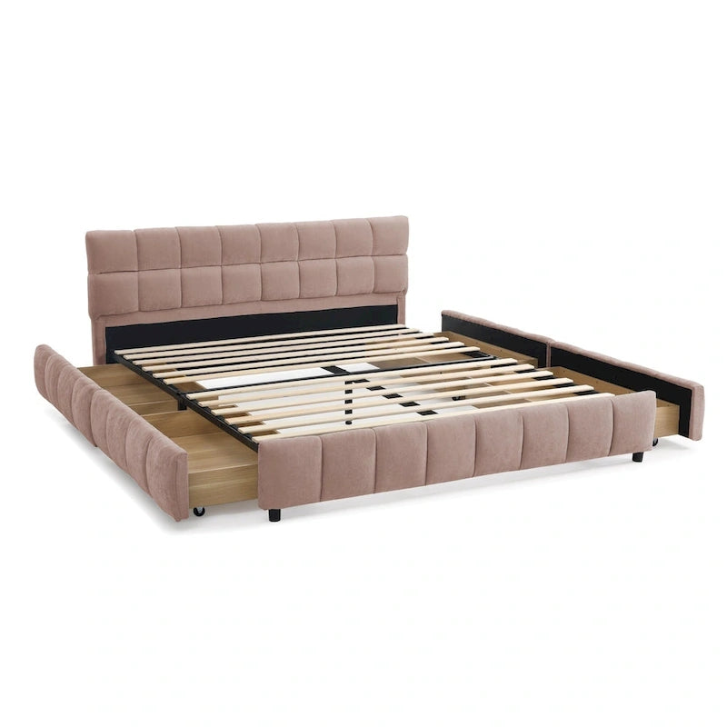 Queen Platform Bed with Chenille Fabric, Soft Headboard & Built-In Drawers