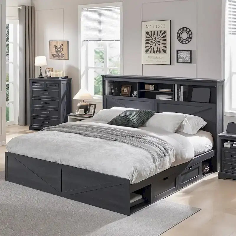 Farmhouse King Size Wood Bed Frame with Storage Headboard and Drawers